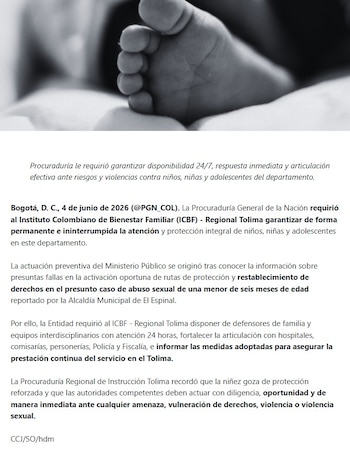 El Ministerio Público advirtió presuntas fallas del Icbf en la activación oportuna de las rutas de protección y restablecimiento de derechos antes del hecho de violencia - crédito Procuraduría General de la Nación