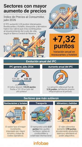 Gráfico del IPC de julio 2026 con íconos de hoteles, restaurantes, transporte y alimentos, mostrando flechas ascendentes y datos de variación de precios.