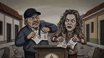 Hombre con gorra y mujer con blusa estampada rompen papeles con "elecciones" y "voto" sobre un podio. Escombros en el suelo. Ambos con rostro de descontento.