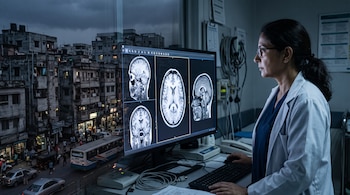 Una mujer con bata blanca observa un monitor con resonancias magnéticas cerebrales frente a un ventanal con edificios y vehículos.