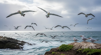 Albatros y gaviotas vuelan sobre un océano azul con olas y una costa rocosa. Varias gaviotas se posan en una elevación de tierra con vegetación bajo cielo gris.