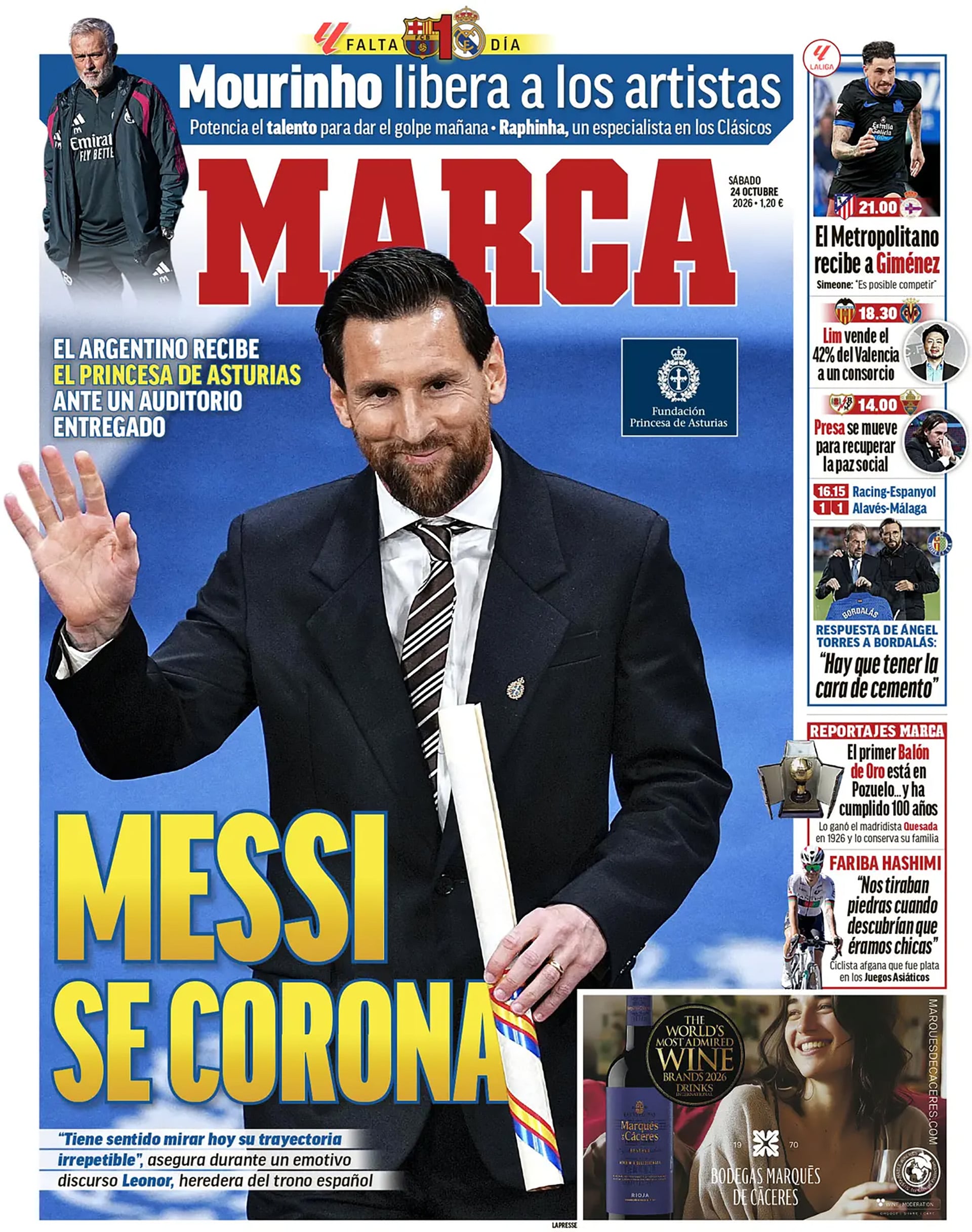 Messi, protagonista de las portadas tras recibir el Premio Princesa de Asturias