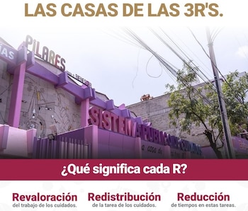 Fachada de un edificio violeta y morado con los letreros "PILARES" y "SISTEMA PÚBLICO DE CUIDADOS". Se ven cables eléctricos y árboles