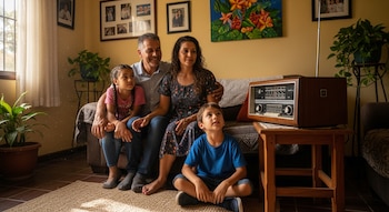 Cuatro personas, dos adultos y dos niños, sentadas en una sala. Los adultos y la niña están en el sofá, el niño está en el suelo. Hay una radio antigua.