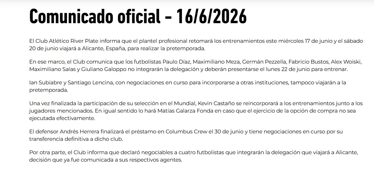 El comunicado de River Plate