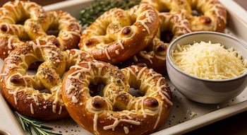 Varios pretzels dorados cubiertos con queso derretido y hierbas secas, presentados en una bandeja de cerámica con un cuenco de queso rallado.