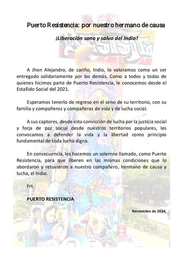 Puerto resisitencia emitió un comunicado sobre lo ocurrido con el activista - crédito Puerto Resisitencia/X
