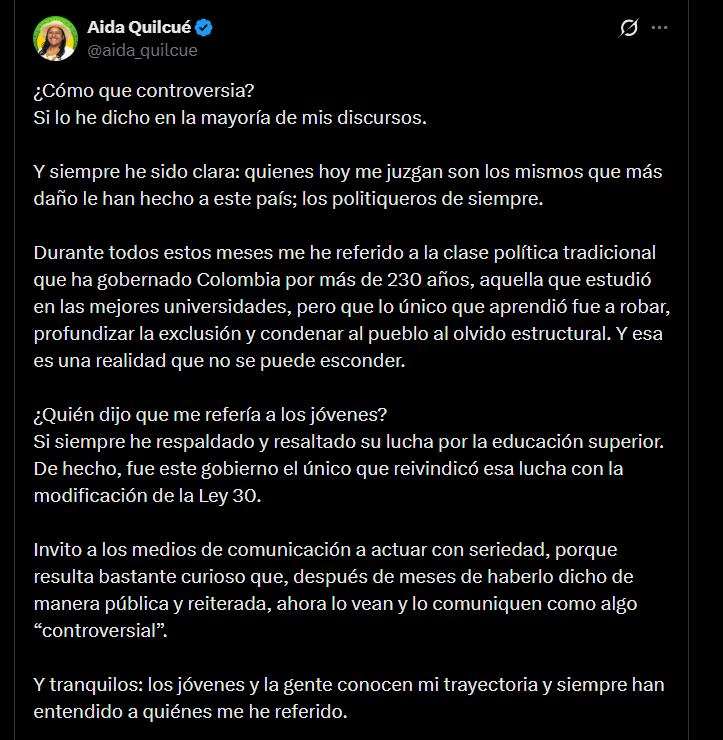 Aida Quilcué explicó que sus palabras siempre estuvieron dirigidas hacia la clase política tradicional que, según sus palabras, ha gobernado a Colombia durante más de dos siglos - crédito @aida_quilcue/X