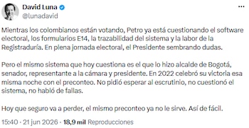 David Luna criticó a Gustavo Petro por cuestionar el sistema electoral durante la jornada de votación - crédito @lunadavid/X