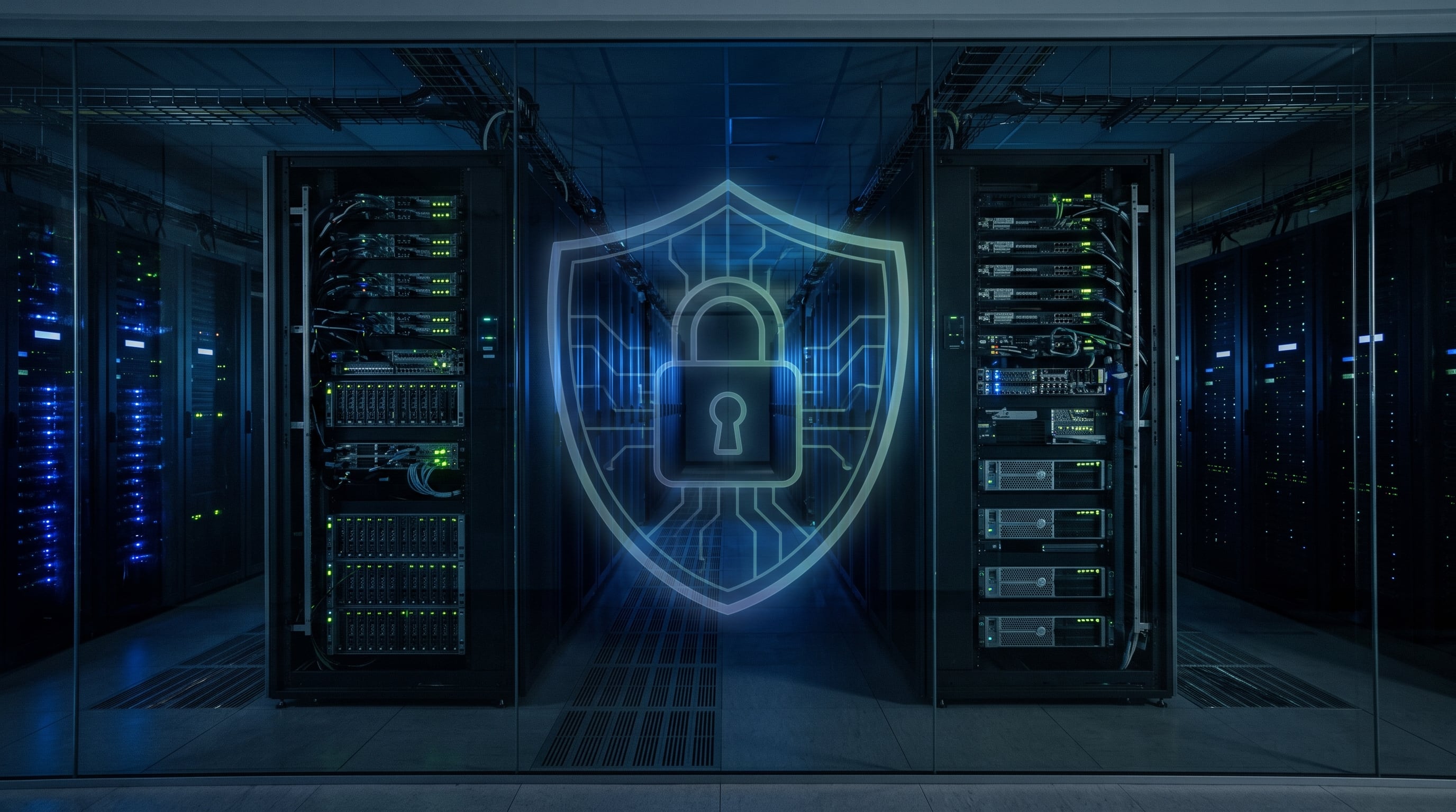 Un centro de datos con pasillos de servidores iluminados representa la protección de la información corporativa mediante un escudo digital. (Imagen Ilustrativa Infobae)