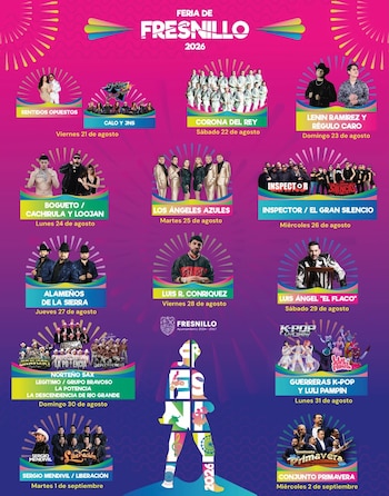 Cartel promocional rosa y púrpura con el texto Feria de Fresnillo 2026. Muestra once fotos de artistas musicales con sus nombres y fechas