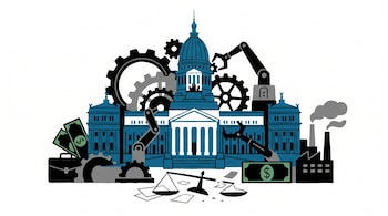 Ilustración: Edificio estatal azul y blanco, similar al Congreso, con engranajes, brazos mecánicos, maletines, billetes y fábricas alrededor. Balanza rota y papeles dispersos.