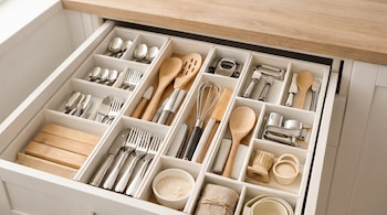 Cajón de cocina blanco y de madera clara, abierto, mostrando un organizador con cubiertos de acero inoxidable, utensilios de madera, espátulas y un batidor.