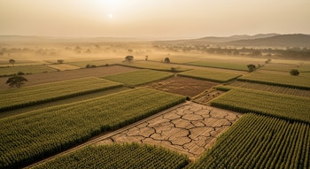 Vista aérea de campos agrícolas al amanecer bajo un cielo brumoso, con parcelas verdes de cultivos junto a un campo de tierra seca y agrietada.