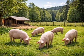 Cinco cerdos rosados están pastando en un campo de hierba verde y flores amarillas, con un refugio de madera a la izquierda y un bosque al fondo
