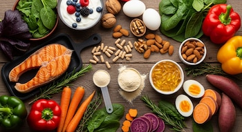 Filete de salmón, huevos, espinacas, pimientos, zanahorias, batatas, almendras, nueces, yogur con frutos rojos, cápsulas y polvo proteico sobre una mesa de madera.