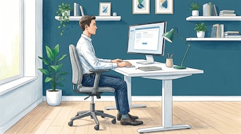 Un hombre sentado en una silla de oficina trabaja ante un escritorio con una computadora, lámpara y plantas.
