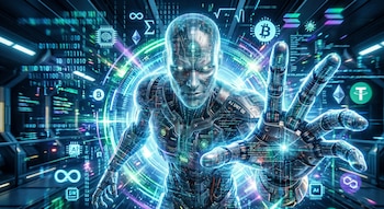 Primer plano de un androide futurista con circuitos brillantes, rodeado de símbolos de criptomonedas, código binario e iconos de inteligencia artificial