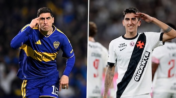 Fotografía dividida en dos partes con un jugador de camiseta azul y amarilla a la izquierda y un jugador de camiseta blanca a la derecha.