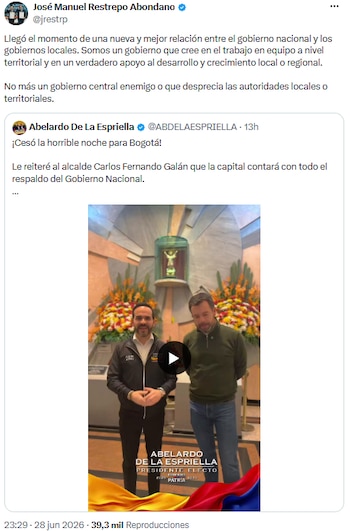 José Manuel Restrepo prometió trabajo en equipo y apoyo real al desarrollo territorial desde la nueva administración - crédito @jrestrp/X