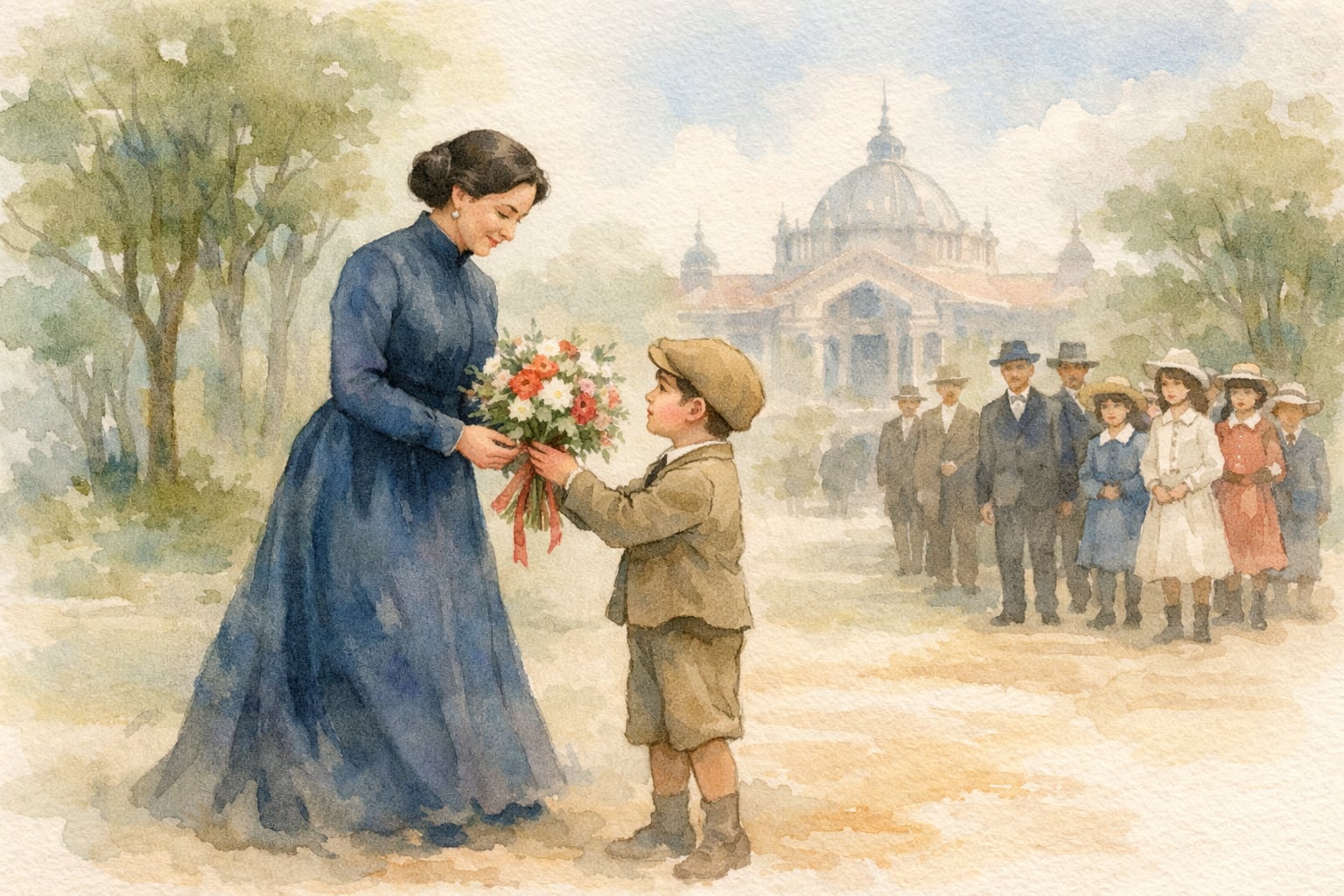 La filántropa peruana Juana Alarco de Dammert recibe un ramo de flores de un niño en una evocadora escena de acuarela en el Parque de la Exposición, acompañada por escolares y autoridades de la época. (Imagen Ilustrativa Infobae)