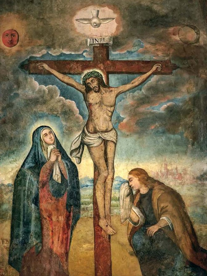 El mural virreinal del Señor de los Milagros en el Santuario de las Nazarenas de Lima representa la crucifixión de Jesucristo junto a la Virgen María y María Magdalena. (BCP / Alberto Phumpiu)