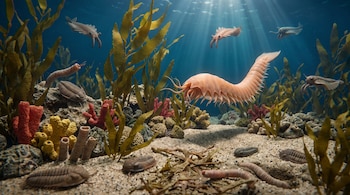 Urokodia, varios trilobites, gusanos marinos, esponjas rojas y amarillas, plantas marinas tipo alga, rocas y fondo de arena submarino con rayos de luz.