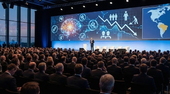 Vista trasera de una sala de conferencias con un gran público, un orador en el escenario y una pantalla gigante mostrando gráficos de IA, símbolos laborales y un mapa con América Latina.