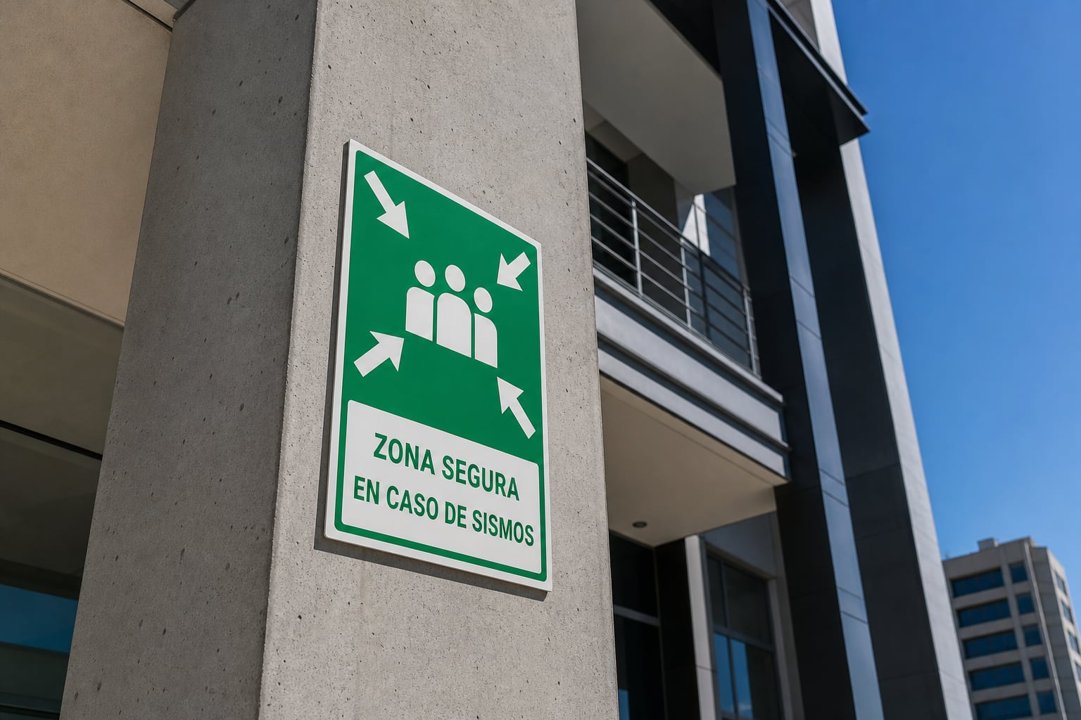 Una señal de zona segura ante sismos instalada en una columna de concreto señala un área de protección dentro de una estructura urbana. (Imagen Ilustrativa Infobae)