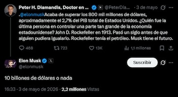 Captura de pantalla de una conversación en redes sociales. Peter H. Diamandis comenta la fortuna de Elon Musk, quien responde con un mensaje
