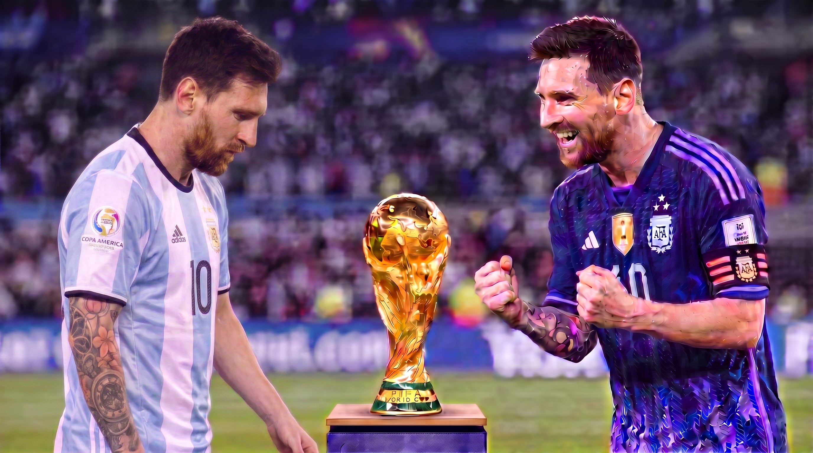 El Messi de hace 10 años, cabizbajo, tras renunciar a la Selección. Enfrente, el actual, líder de un equipo que viene haciendo historia (Imagen Ilustrativa Infobae)