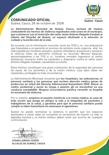 El alcalde César Lizardo Cerón exigió respeto por la misión médica y recordó la protección de los hospitales bajo el Derecho Internacional Humanitario (@alcaldiasuarezt / X)