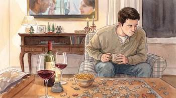 Ilustración en acuarela de un hombre sentado en un sillón con una taza frente a una mesa con piezas de rompecabezas, vino y papas fritas.