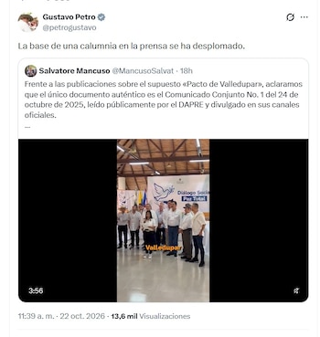 Petro calificó de "calumnia" los ataques de la prensa, luego de que se conoció el video por parte de Mancuso - crédito @petrogustavo/X