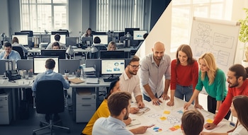 Imagen dividida mostrando: a la izquierda, empleados en escritorios individuales en una oficina; a la derecha, el mismo grupo colaborando activamente alrededor de una mesa.