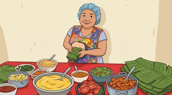 Mujer sonriente con gorro azul y delantal floral sostiene tamal envuelto, frente a mesa con bowls de comida y hojas de plátano.