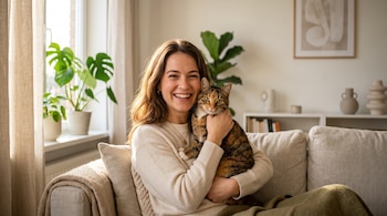 Una mujer sonriente sostiene un gato atigrado en sus brazos, sentada en un sofá claro junto a una ventana con plantas domésticas.