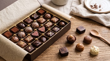 Caja abierta con bombones variados en separadores dorados, piezas sueltas de chocolate y una cuchara sobre una mesa de madera.