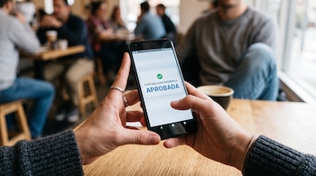 Manos sosteniendo un teléfono celular que exhibe el texto Portabilidad Numérica aprobada en la pantalla.