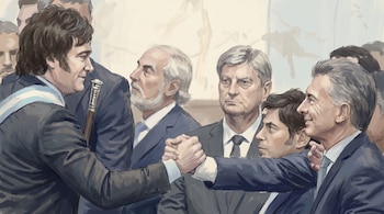 Ilustración de varios hombres en trajes formales, dos de ellos dándose la mano en primer plano. Uno porta una banda presidencial y un bastón de mando.