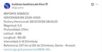El movimiento telúrico alcanzó una intensidad III en Chimbote y fue percibido por la población - Créditos: @igp_peru.