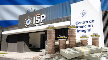 Fachada del Instituto Salvadoreño de Pensiones (ISP) con bandera de El Salvador. Billetes y monedas de dólar estadounidense con etiquetas de valores de enero a mayo.
