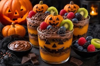 Vasos con capas de puré naranja y crema de chocolate, decorados con arándanos, frambuesas, kiwi, moras y pequeñas calabazas de chocolate.