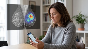 Una mujer sostiene un teléfono celular frente a una imagen gráfica de una mamografía con un mapa de calor multicolor en una de las zonas.