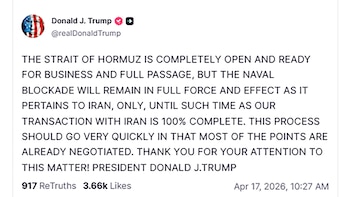 Captura de pantalla de un tuit de Donald J. Trump en X (anteriormente Twitter) sobre la apertura del Estrecho de Ormuz y el bloqueo naval a Irán, con fecha del 17 de abril de 2026