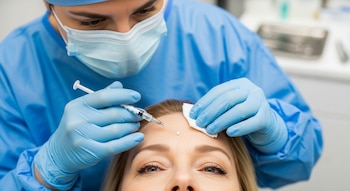 Primer plano de un cirujano con uniforme, mascarilla y guantes azules inyectando botox en la frente de una paciente.