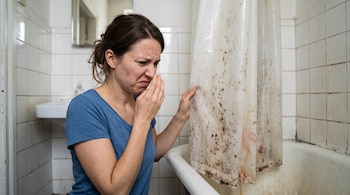 Una mujer con camiseta azul se tapa la nariz frente a una cortina de plástico con manchas oscuras de moho en un baño.