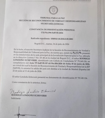 La Jurisdicción Especial para la Paz confirmó este martes 14 de julio de 2026 la presentación personal de Rodrigo Londoño en su sede principal de Bogotá, después de un viaje a España autorizado por la Sección de Reconocimiento de Verdad y Responsabilidad - crédito JEP