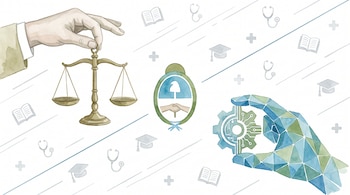 Una mano realista sostiene una balanza, una mano digital un engranaje y el logo del Ministerio de Capital Humano los une, con íconos de educación y salud de fondo.