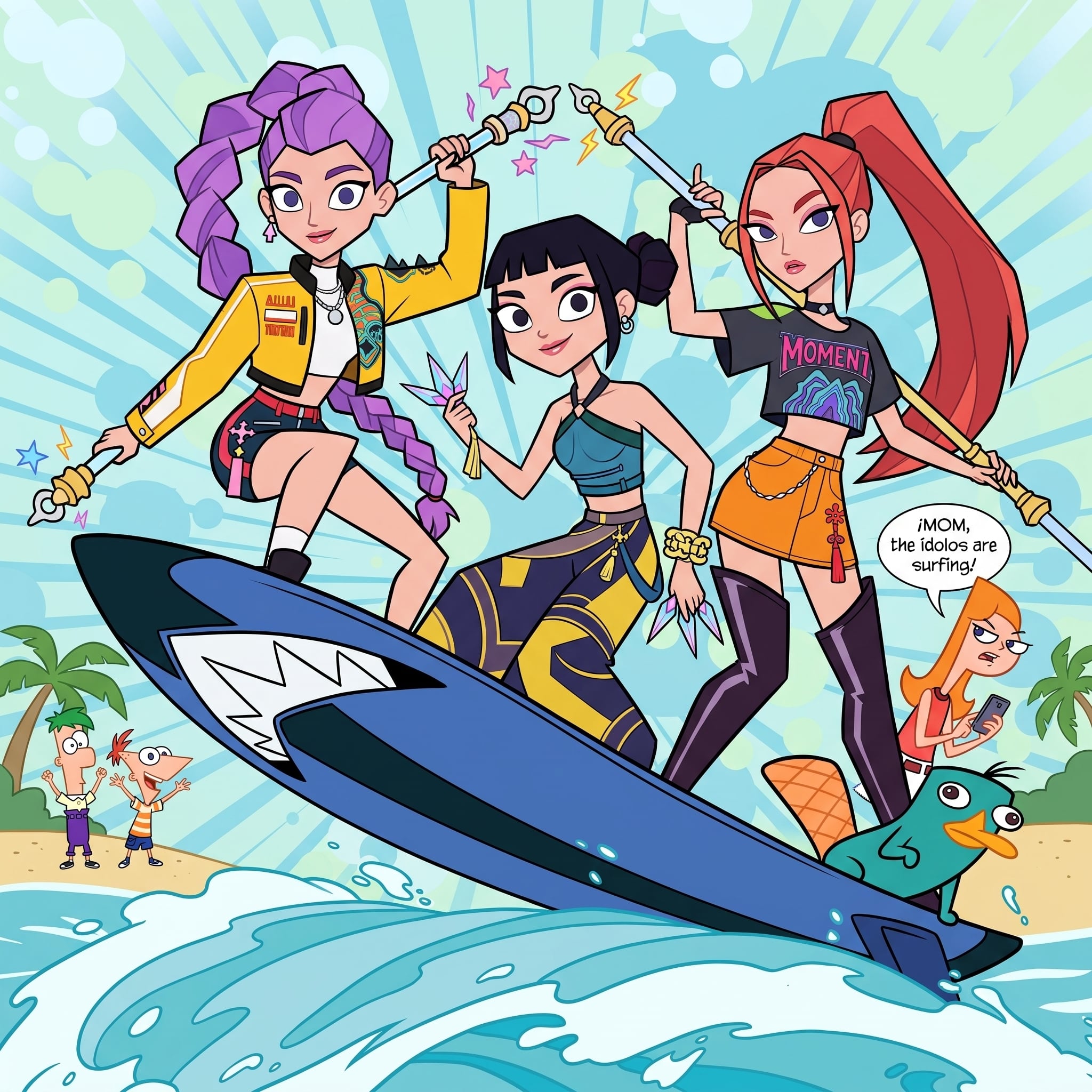 Esta es una recreación de Las Guerreras K-pop en el universo de Phineas y Ferb. (Foto: Gemini)